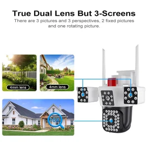 PTZ Outdoor Security Camera Three Lens 2K Quad HD, Motion Detection, Audio, and IP67 Weatherproof Protection