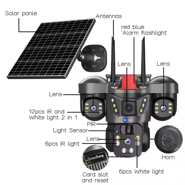 4G Solar Triple Lens 5MP Outdoor CCTV Camera | 3-Screen View | Manual Side Rotation| Auto Tracking | Human Detection | Color Night Vision | Two-Way Audio | Multi-User Access
