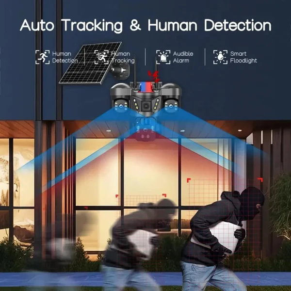 4G Solar Triple Lens 5MP Outdoor CCTV Camera | 3-Screen View | Manual Side Rotation| Auto Tracking | Human Detection | Color Night Vision | Two-Way Audio | Multi-User Access