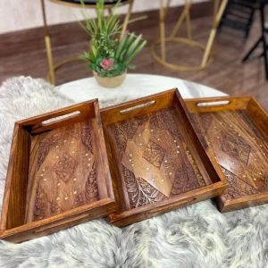 Hand-carved Sheesham wood dishes with copper wire naqashi